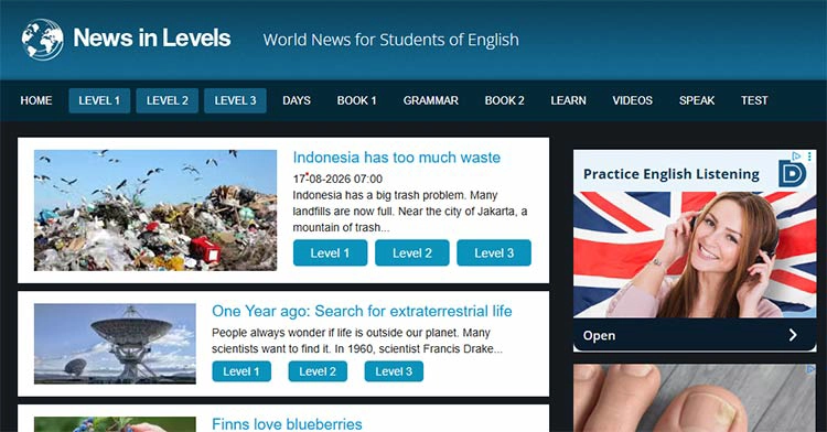 وب سایت News in Levels آموزش رایگان زبان انگلیسی